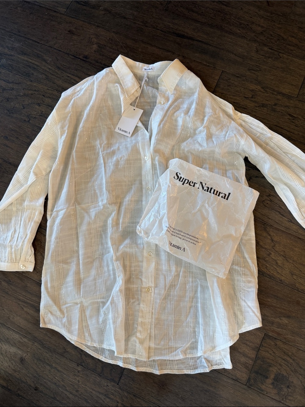 NWT Vitamin A White Lightweight Button-Up Shirt with silver metallic thread